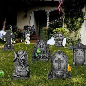 Stone Grey Large Scary Halloween Tombstones - 6ct Sculpture Decorations